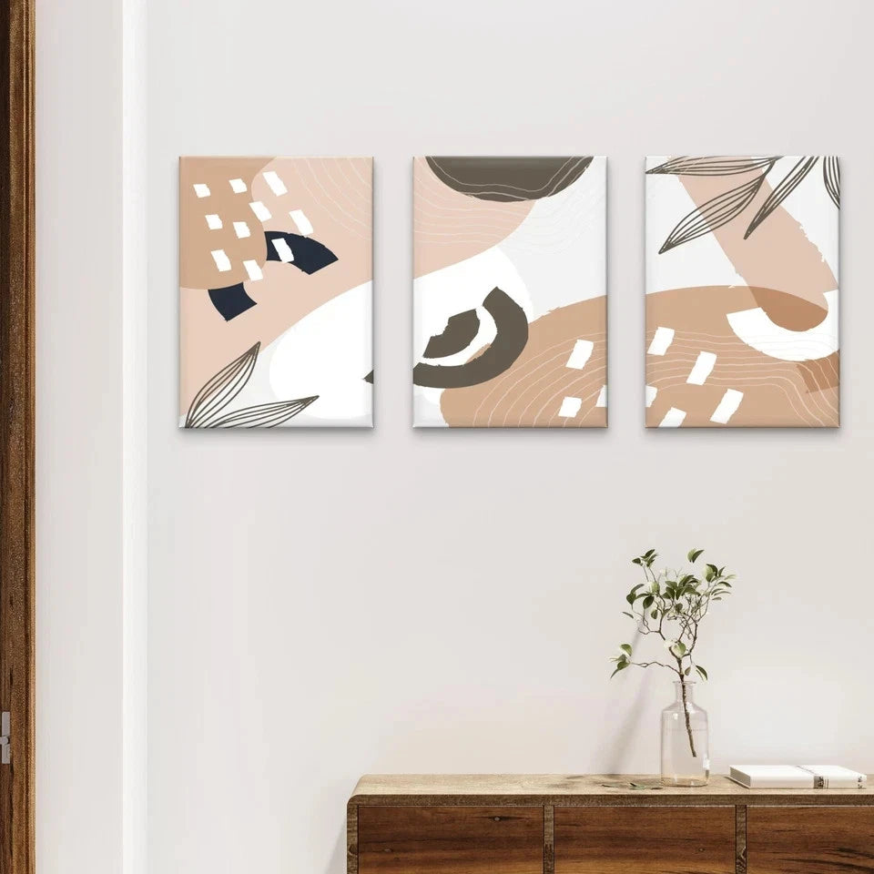 3pcs Neutral Abstract Shapes and Botanical Art Wall Art Set Canvas Framed 40x60cm - High Quality Print 100% Australian Made Wall Canvas Ready to Hang