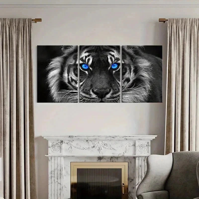 3pcs Gray Tiger Portrait with Blue Eyes Wall Art Set Canvas Framed 40x60cm - High Quality Print 100% Australian Made Wall Canvas Ready to Hang