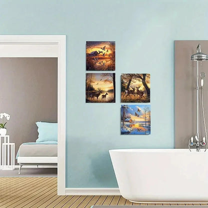 4pcs Deer, Wild Ducks, And Cabin Scene Wall Art Canvas Framed