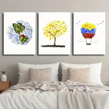 3pcs Floral Hot Air Balloon Colorful Leaf Flower Wall Art Set Canvas Unframed - High Quality Print 100% Australian Made Wall Canvas