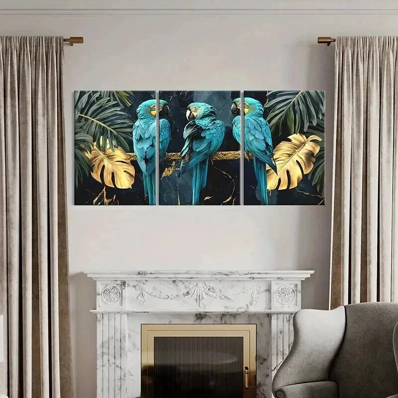 3pcs Exotic Parrots On Golden Tree Branch Wall Art Set Canvas Framed 40x60cm - High Quality Print 100% Australian Made Wall Canvas Ready to Hang