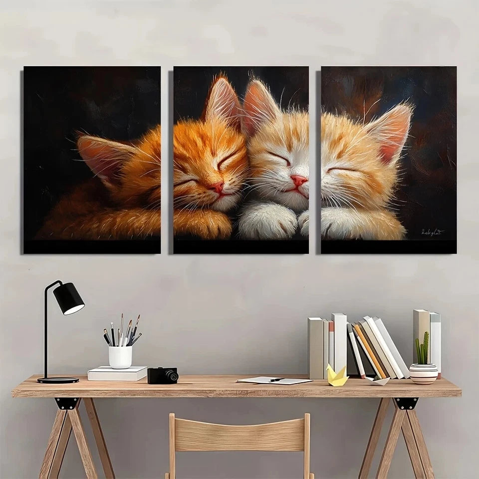3pcs Adorable Ginger Cute Kitten Black Metal Print Ready to Hang Art