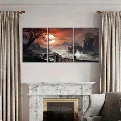 3pcs Artistic Sunset Traditional Chinese Wall Art Set Canvas Framed 40x60cm - High Quality Print 100% Australian Made Wall Canvas Ready to Hang