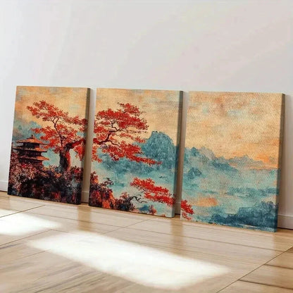 3pcs Autumn Landscape Red Maple Tree Wall Art Set Canvas Framed 40x60cm - High Quality Print 100% Australian Made Wall Canvas Ready to Hang