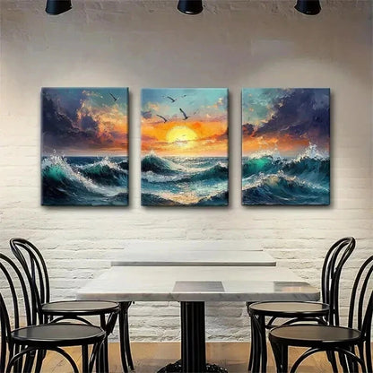 3pcs Ocean Sunset  Fiery Sky & Seagulls Perfect Wall Art Set Canvas Framed 40x60cm - High Quality Print 100% Australian Made Wall Canvas Ready to Hang