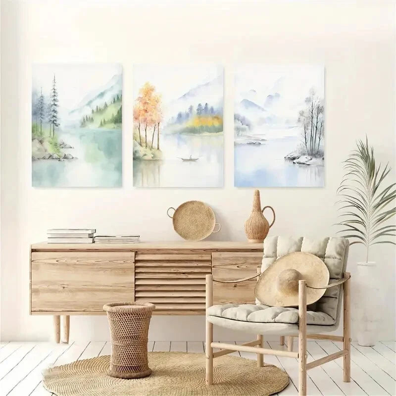 3pcs Mountain Lake Watercolor Metal Print Ready to Hang Art