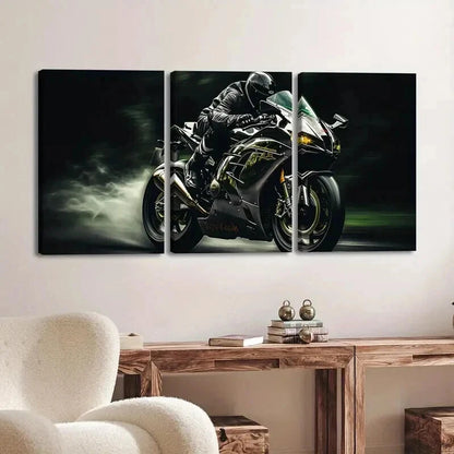 3pcs Dynamic Rider & Grceen Motorcycle Perfect Wall Art Set Canvas Framed 40x60cm - High Quality Print 100% Australian Made Wall Canvas Ready to Hang