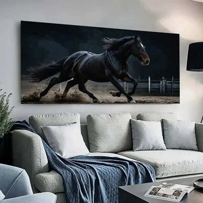 Dynamic Galloping Black Horse Wall Art Canvas Office Home Room Framed ...