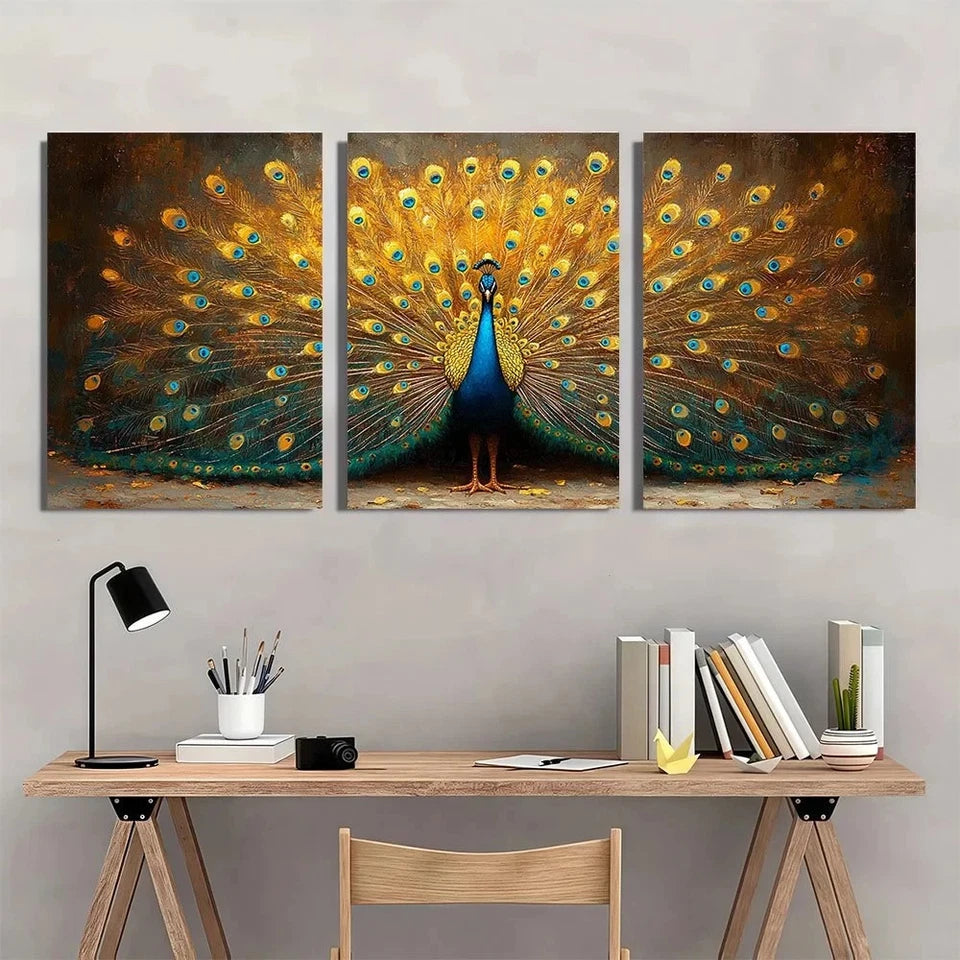 3pcs Vintage Peacock Golden & Blue Wall Art Set Canvas Framed 60x90cm - High Quality Print 100% Australian Made Wall Canvas Ready to Hang