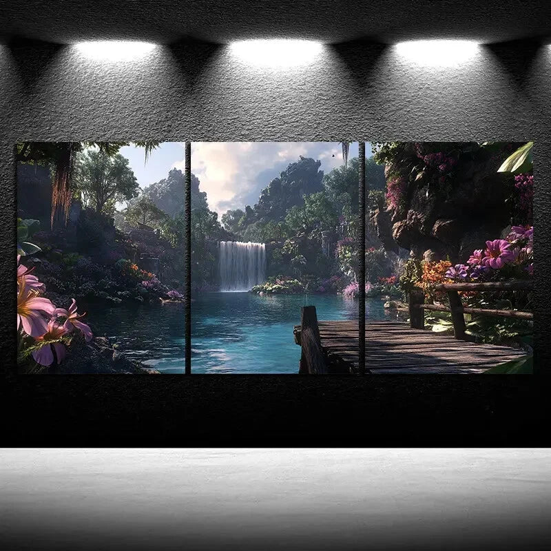 3pcs Waterfalls and Wooden Bridges Metal Print Ready to Hang Art