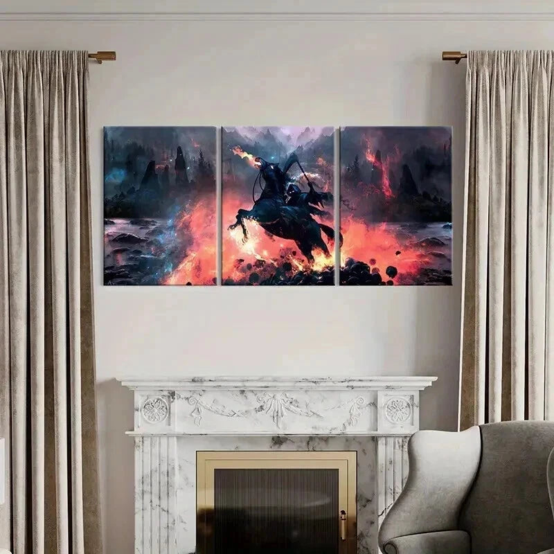 3pcs Grim Reaper on Black Horses Vintage Wall Art Set Canvas Framed 40x60cm - High Quality Print 100% Australian Made Wall Canvas Ready to Hang