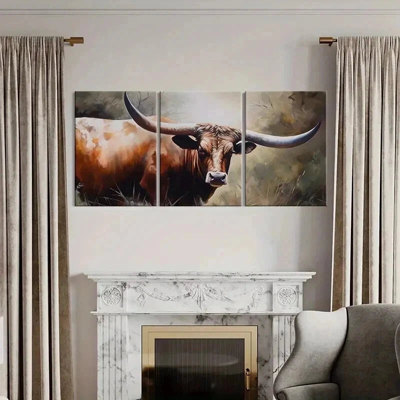 3pcs Texas Longhorn Cattle Decor Wall Art Set Canvas Framed 40x60cm - High Quality Print 100% Australian Made Wall Canvas Ready to Hang