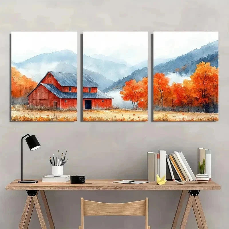 3pcs Orange Fall Leaves & Misty Blue Perfect Wall Art Set Canvas Framed 40x60cm - High Quality Print 100% Australian Made Wall Canvas Ready to Hang