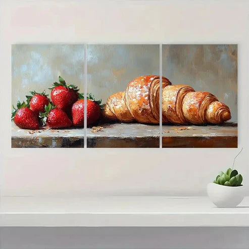 3pcs Rustic Croissant & Strawberry Z Wall Art Set Canvas Unframed - High Quality Print 100% Australian Made Wall Canvas - Bella Home Decor