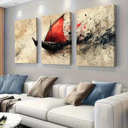 3pcs Abstract Red Sails Ship on Rough Seas Wall Art Set Canvas Unframed - High Quality Print 100% Australian Made Wall Canvas