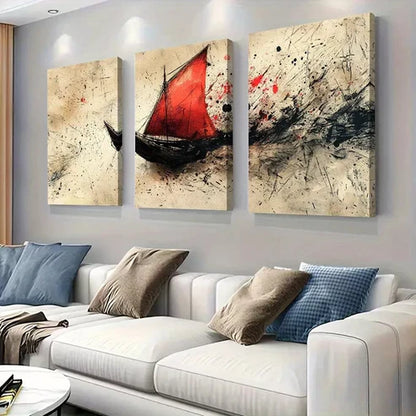 3pcs Abstract Red Sails Ship on Rough Seas Wall Art Set Canvas Unframed - High Quality Print 100% Australian Made Wall Canvas