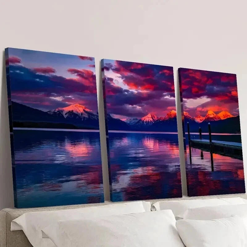 3pcs Lake and Snow Capped Mountains at Sunset Wall Art Set Canvas Framed 40x60cm - High Quality Print 100% Australian Made Wall Canvas Ready to Hang