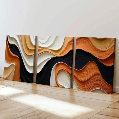 3pcs Wavy Patterns in Black White Orange & Beige Wall Art Set Canvas Framed 40x60cm - High Quality Print 100% Australian Made Wall Canvas Ready to Hang
