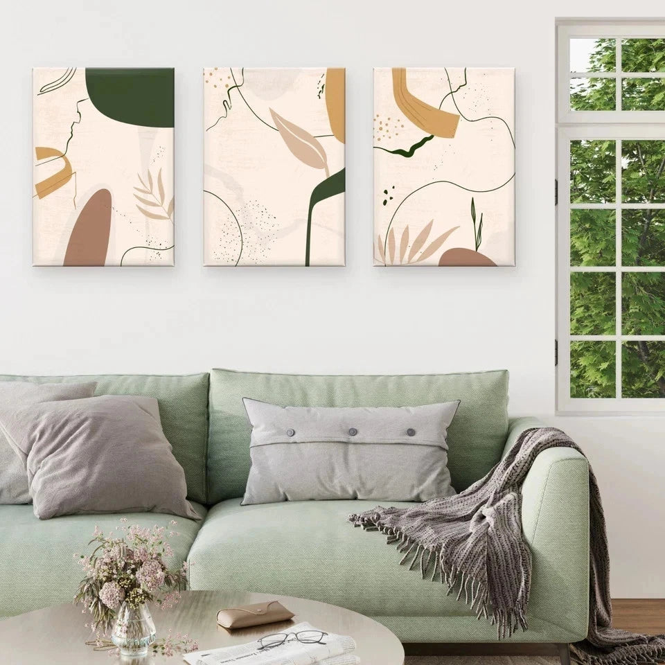 3pcs Neutral Abstract Botanical Shapes Wall Art Set Canvas Framed 50x70cm - High Quality Print 100% Australian Made Wall Canvas Ready to Hang