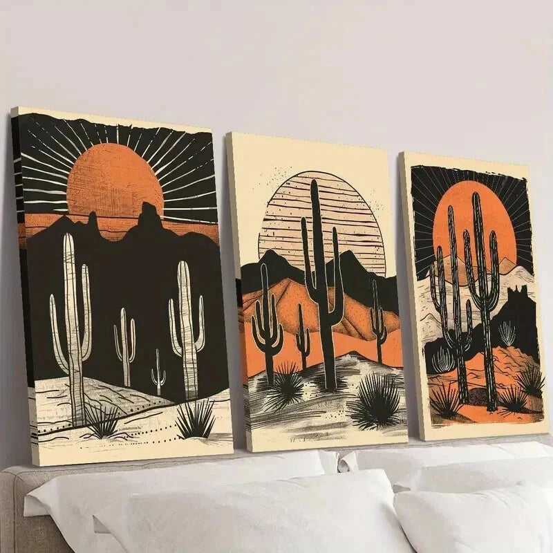3pcs Desert Cactus and Sunset Landscape Wall Art Set Canvas Framed 40x60cm - High Quality Print 100% Australian Made Wall Canvas Ready to Hang
