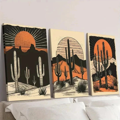 3pcs Desert Cactus and Sunset Landscape Wall Art Set Canvas Framed 40x60cm - High Quality Print 100% Australian Made Wall Canvas Ready to Hang