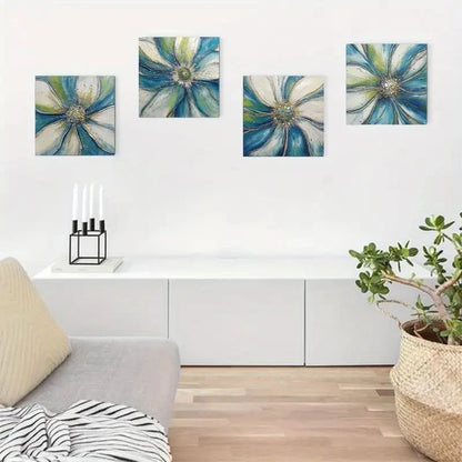 4pcs Blue & White Floral Design With Golden Acce Wall Art Canvas Framed