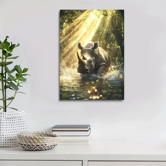 Sunlit Jungle Scene Rhino Splashing In Water Painting 40x60cm Metal Print Ready to Hang