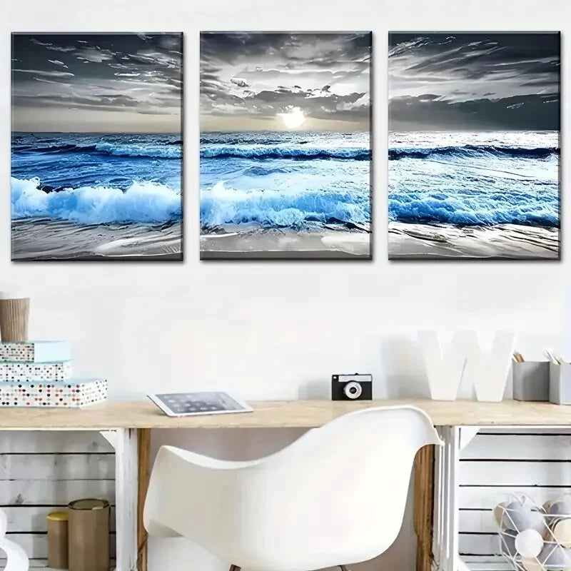 3pcs Black and White Blue Ocean Metal Print Ready to Hang Art