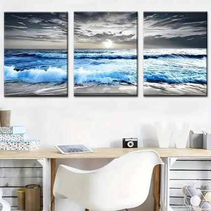 3pcs Black and White Blue Ocean Metal Print Ready to Hang Art