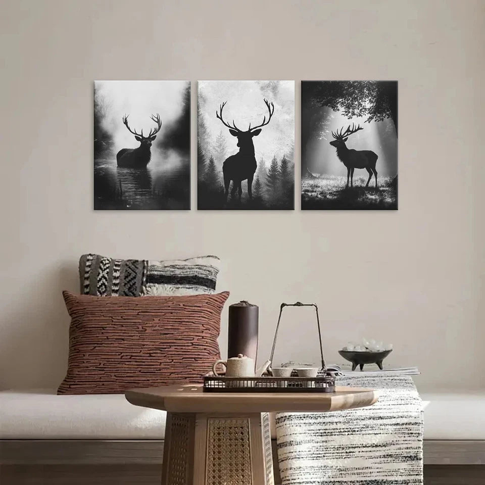 3pcs Forest Deer Black and White Metal Print Ready to Hang Art