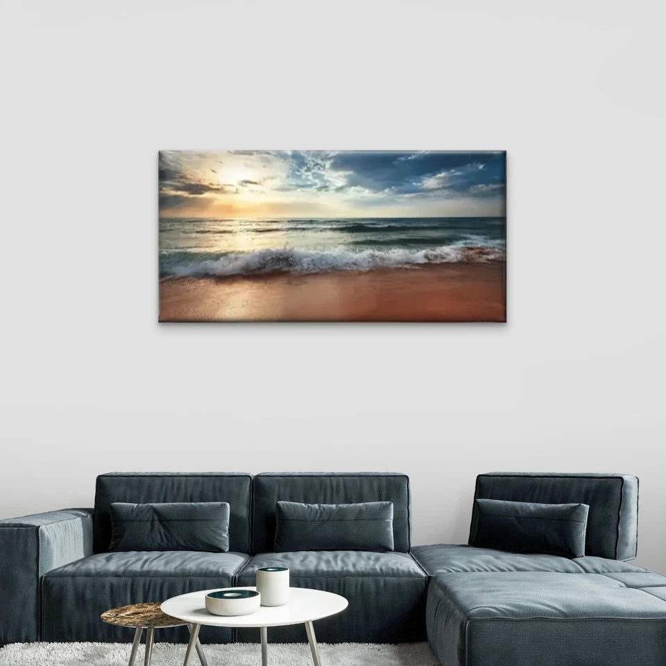 Sea Wave Ocean Sunset Wall Art Canvas Office Home Room Framed 120x60cm