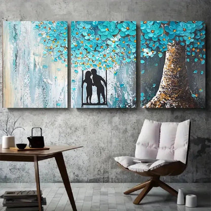 3pcs Romantic Couple on Swing Blue Blossom Metal Print Ready to Hang Art