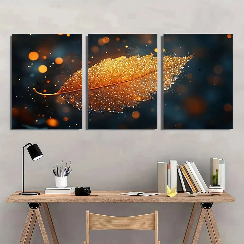 3pcs Vibrant Golden Leaf Modern Boho Metal Print Ready to Hang Art