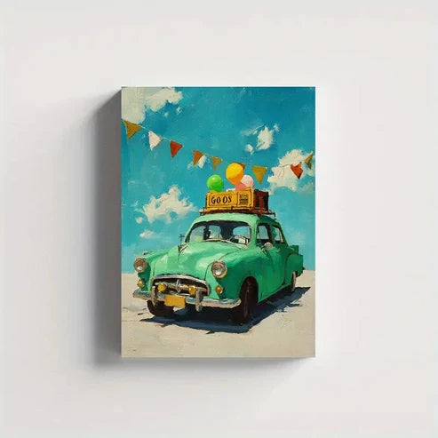 Beautiful Retro Green Car Painting 60x90cm Metal Print Ready to Hang
