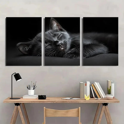 3pcs Farmhouse Style Black Cat Sleeping Metal Print Ready to Hang Art