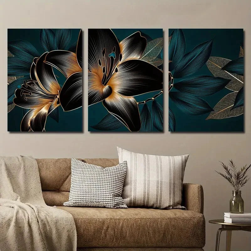 3pcs Abstract Botanical Flower Pattern Black Metal Print Ready to Hang Art