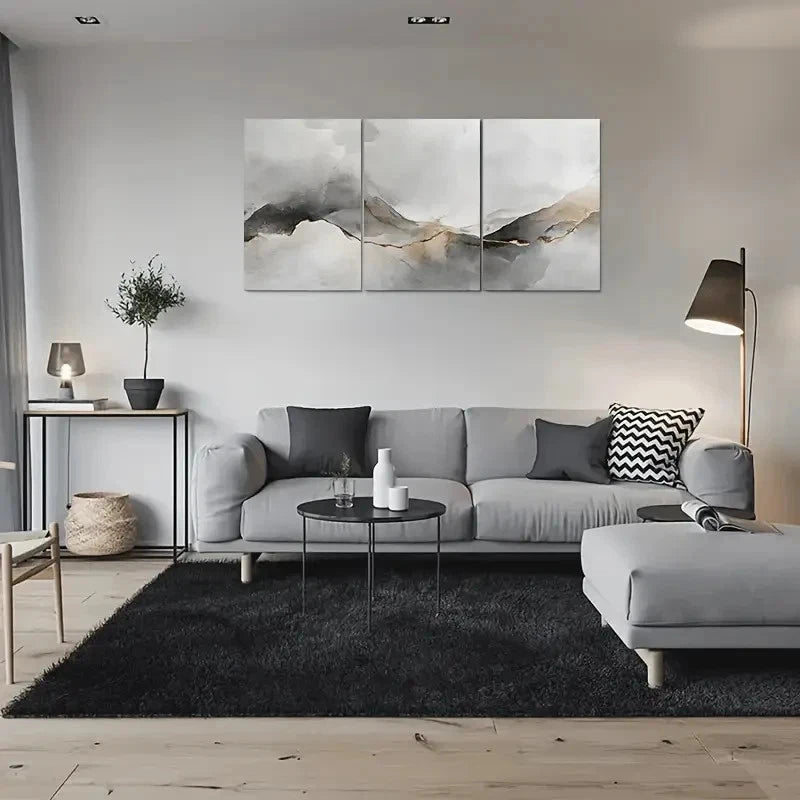 3pcs Abstract Grey and Golden Hues Metal Print Ready to Hang Art