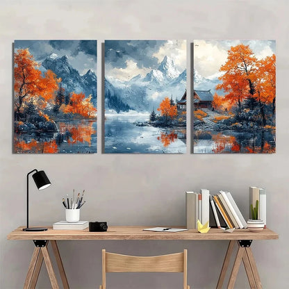 3pcs Autumn Mountain Vibrant Orange Trees Metal Print Ready to Hang Art