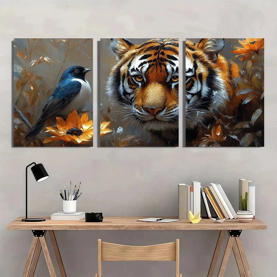 3pcs Tiger And Blue Bird Magpie Metal Print Ready to Hang Art
