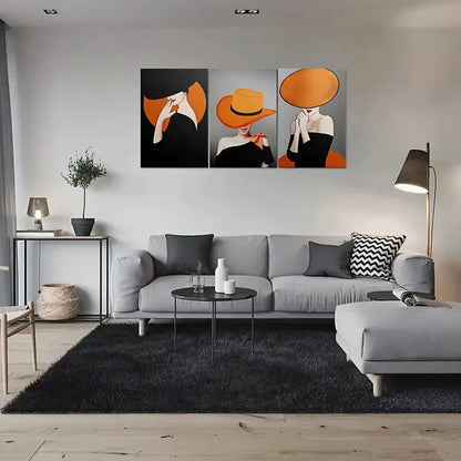 3pcs Minimalist Orange Hat Woman Painting Metal Print Ready to Hang Art