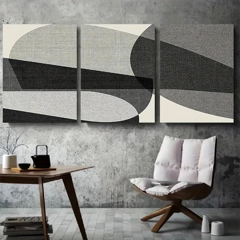 3pcs Modern Abstract Geometric Black White Grey Wall Art Set Canvas Framed 60x90cm - High Quality Print 100% Australian Made Wall Canvas Ready to Hang