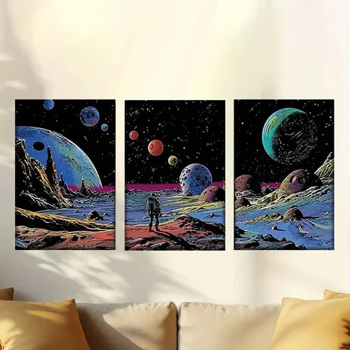 3pcs Style Posters of Man on Moon with Planets Wall Art Set Canvas Unframed – High Quality Print 100% Australian Made Wall Canvas