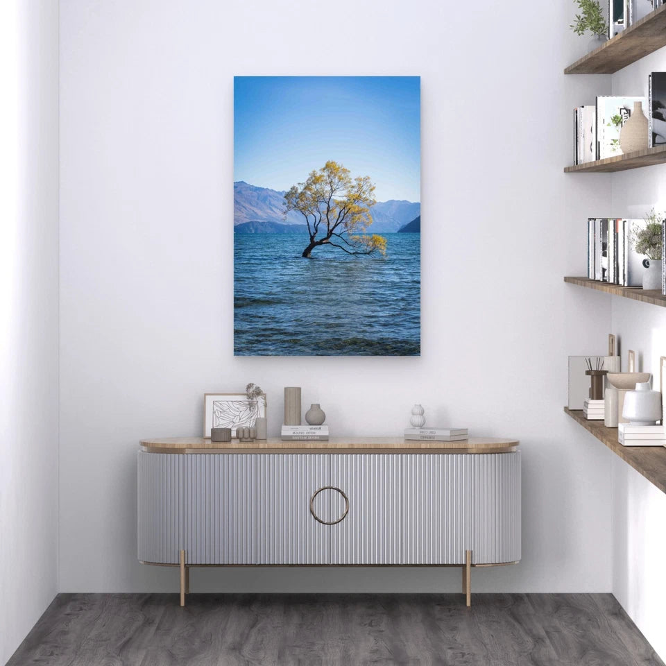 Tree By Sea Against Clear Blue Sky 60x90cm Metal Print Ready to Hang