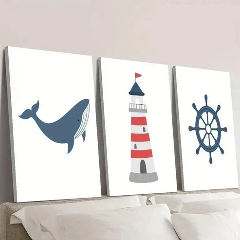 3pcs Navy Red Lighthouse Ship Steering & Whale Wall Art Canvas Unframed – High Quality Print 100% Australian Made Wall Canvas