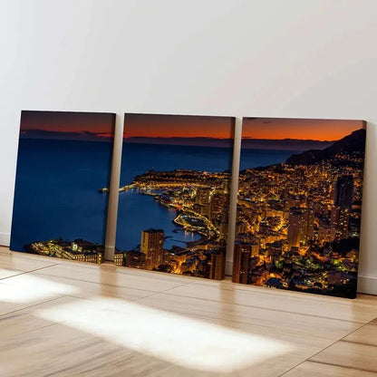 3pcs City Scenery Night Scene Coastline  Wall Art Set Canvas Framed 60x90cm - High Quality Print 100% Australian Made Wall Canvas Ready to Hang