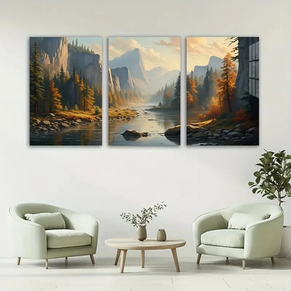 3pcs Mountain Peaks Forest River Sunset Metal Print Ready to Hang Art
