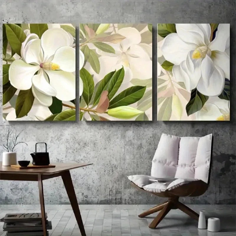 3pcs White Magnolia Bloom Botanical Branch Metal Print Ready to Hang Art