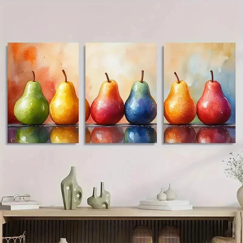3pcs Pear Fruits Watercolor Still Life Perfect Wall Art Set Canvas Framed 40x60cm - High Quality Print 100% Australian Made Wall Canvas Ready to Hang