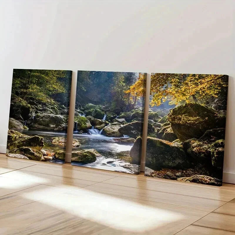 3pcs Autumn Forest River Stone Modern Wall Art Set Canvas Framed 60x90cm - High Quality Print 100% Australian Made Wall Canvas Ready to Hang