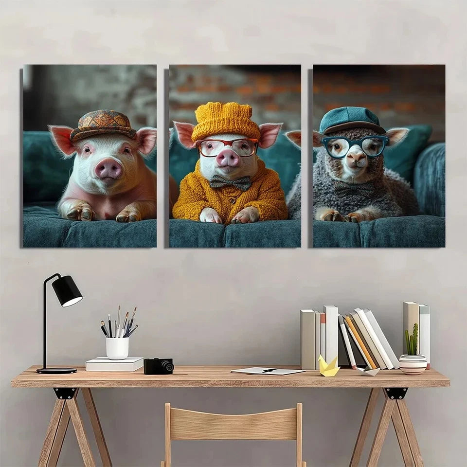 3pcs Farm Animal Funny Pig Glasses Bow Ties & Hats Metal Print Ready to Hang Art